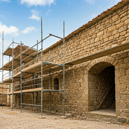 Historic stone building undergoing restoration with scaffolding