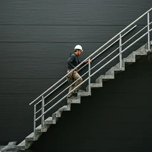 A worker climbing a scaffolding staircase with safety handrails.